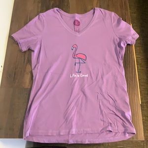 Life is Good purple flamingo v-neck tee size S